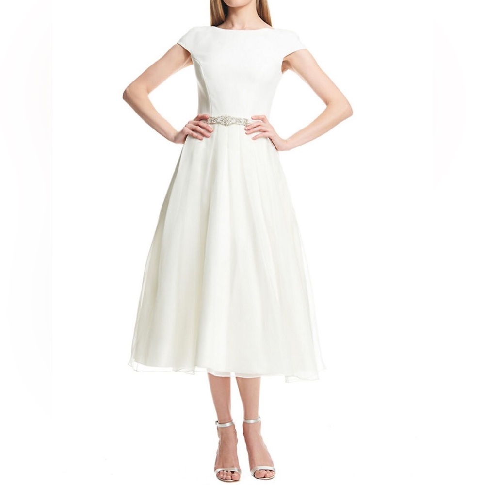 Theia Ivory Silk Organza Tea Length Formal or Wedding Dress